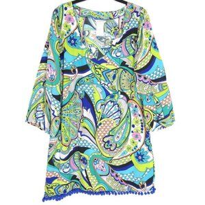 TRINA TURK Nomad Paisley Tunic Dress Cover up Mini 3/4Sleeve Pom Pom Trim MEDIUM